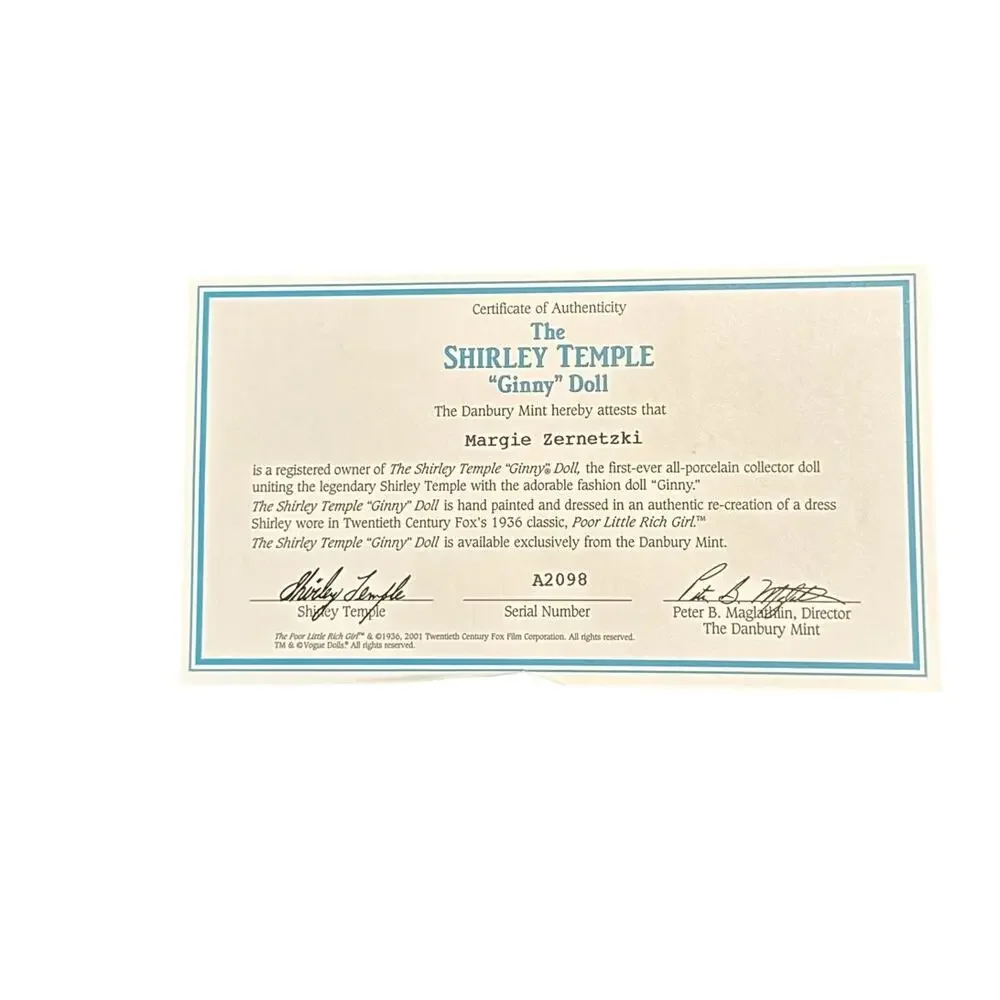 Danbury Mint Shirley Temple “Ginny” Doll Vintage Collectible Blue Dress COA